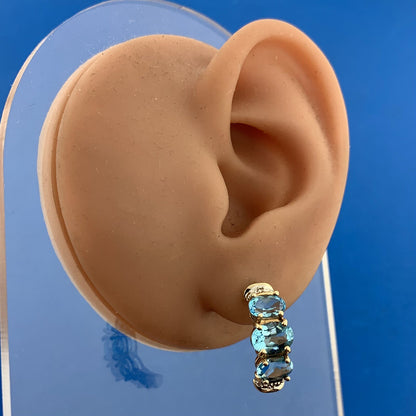 Designer 10K Yellow Gold Oval Blue Topaz Diamond Accented Half Hoop Earrings
