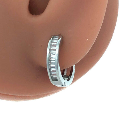 Designer N 925 Sterling Silver Baguette Cubic Zirconia CZ Huggie Hoop Earrings