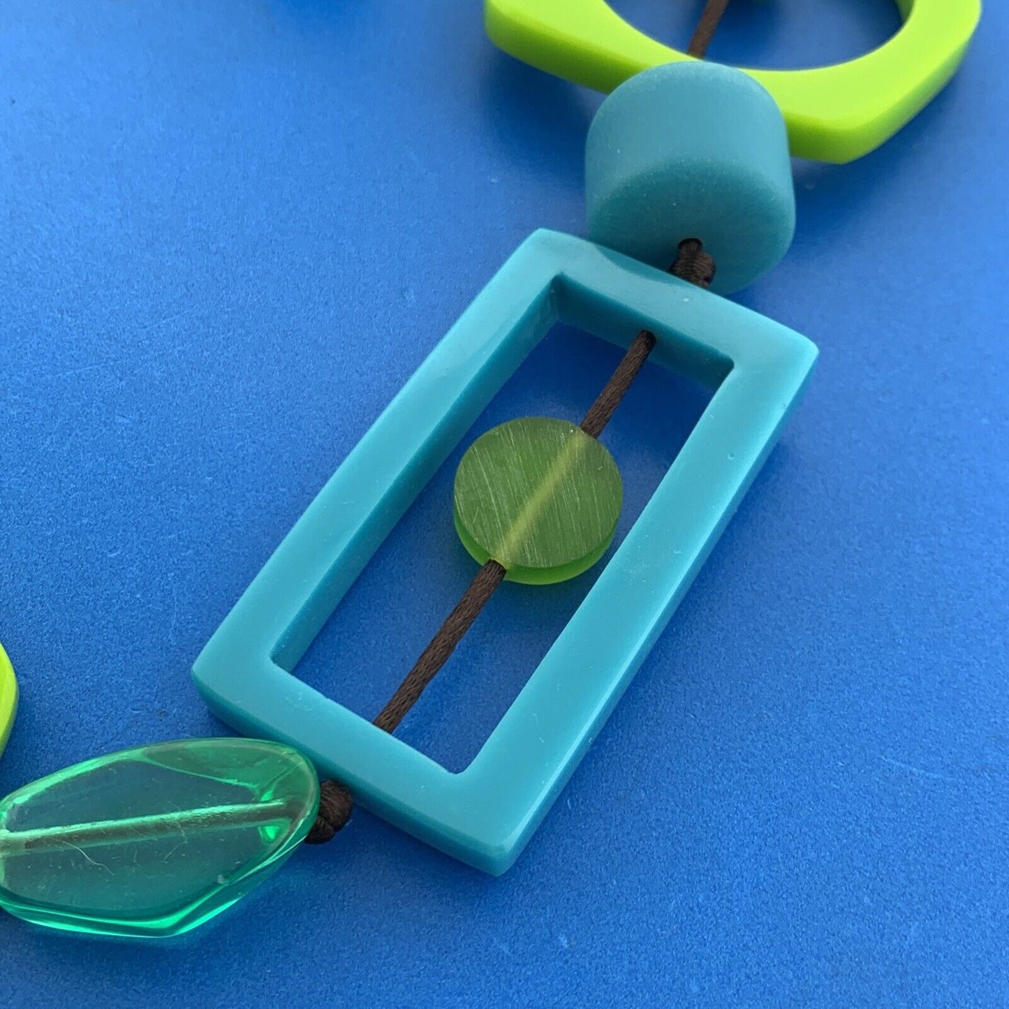 Mid Century Modern Turquoise Chartreuse Bakelite Lucite Bead Corded Necklace