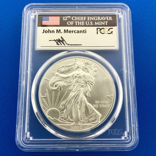 2015 W Burnished 1 Oz American Silver Eagle John Mercanti Label PCGS SP70