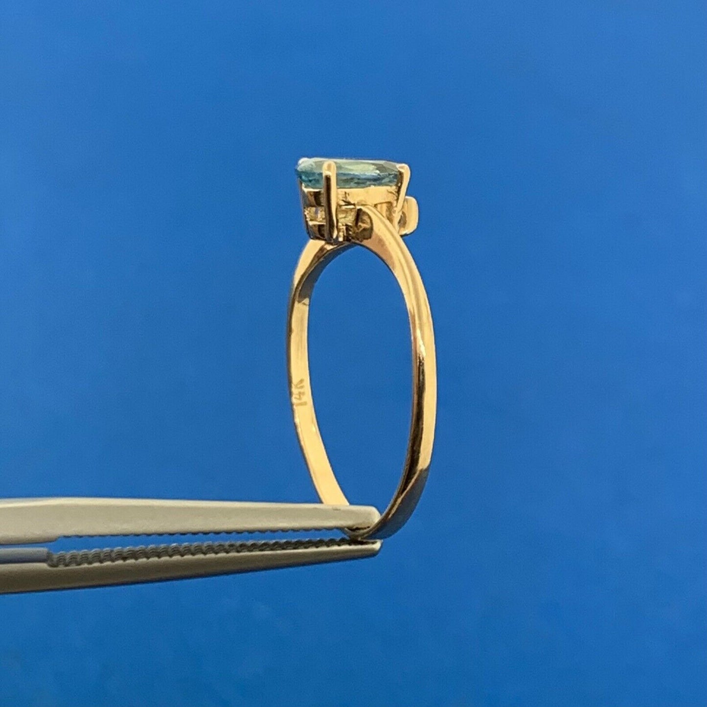 Designer 14K Yellow Gold Oval Blue Topaz Diamond Accent Size 4.5 Ring