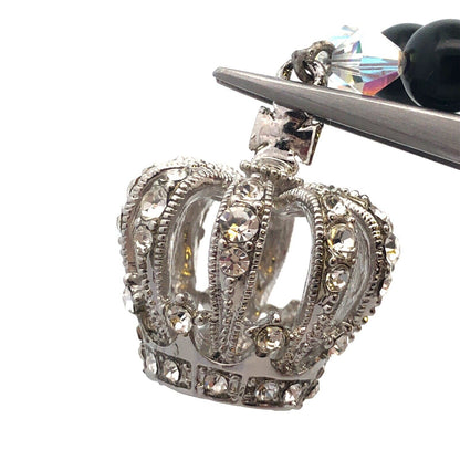 Hand Made Silver Tone Black White Beaded Crystal Rhinestone Royal Crown Necklace