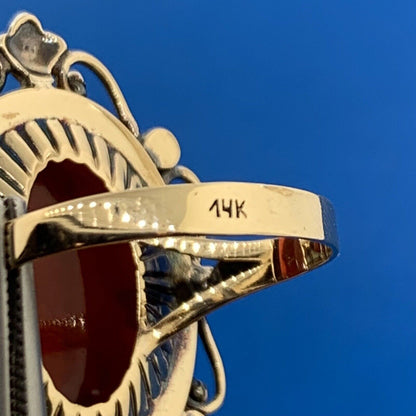 Vintage 14K Yellow Gold Double Carved Soldier Cameo Diamond Accent Etruscan Ring