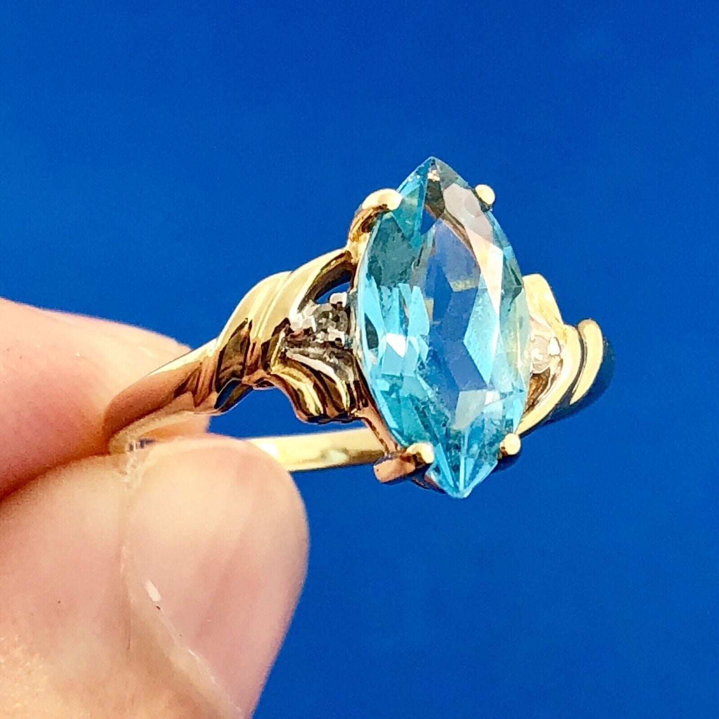 14K Yellow Gold Marquise Blue Topaz Diamond Anniversary Cocktail Statement Ring
