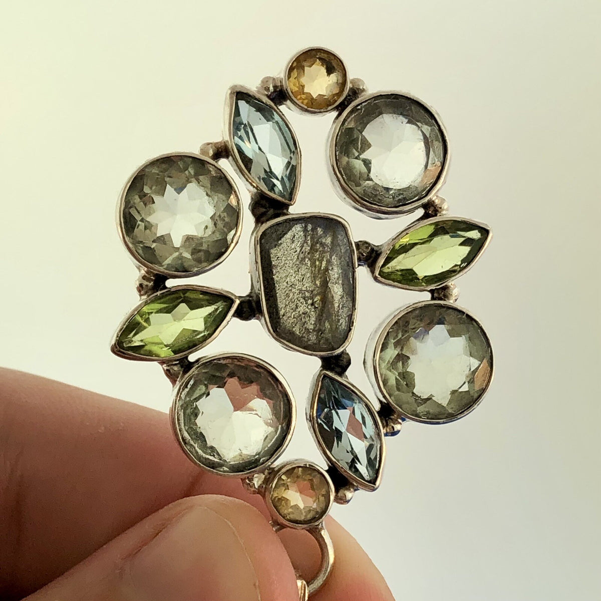 Retro 925 Sterling Silver Multi Colored Shaped Gemstone Oval Statement Pendant
