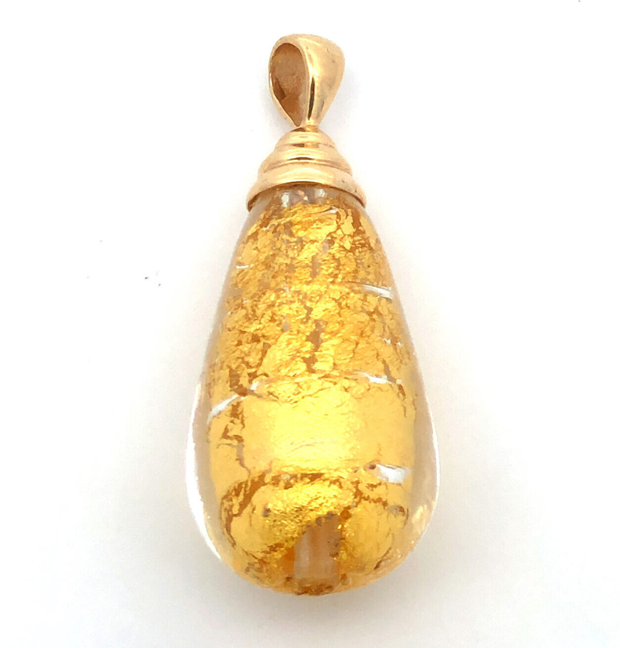 Designer MC 14K Yellow Gold Hand Blown Gold Leaf Glass Teardrop Pendant