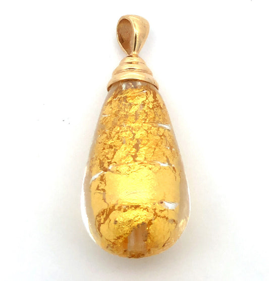 Designer MC 14K Yellow Gold Hand Blown Gold Leaf Glass Teardrop Pendant