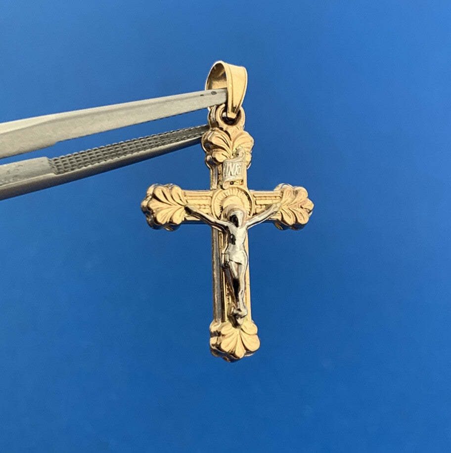 Gorgeous 14k Yellow & White Gold Religious Jesus Faith Cross Dangle Pendant