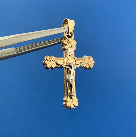 Gorgeous 14k Yellow & White Gold Religious Jesus Faith Cross Dangle Pendant