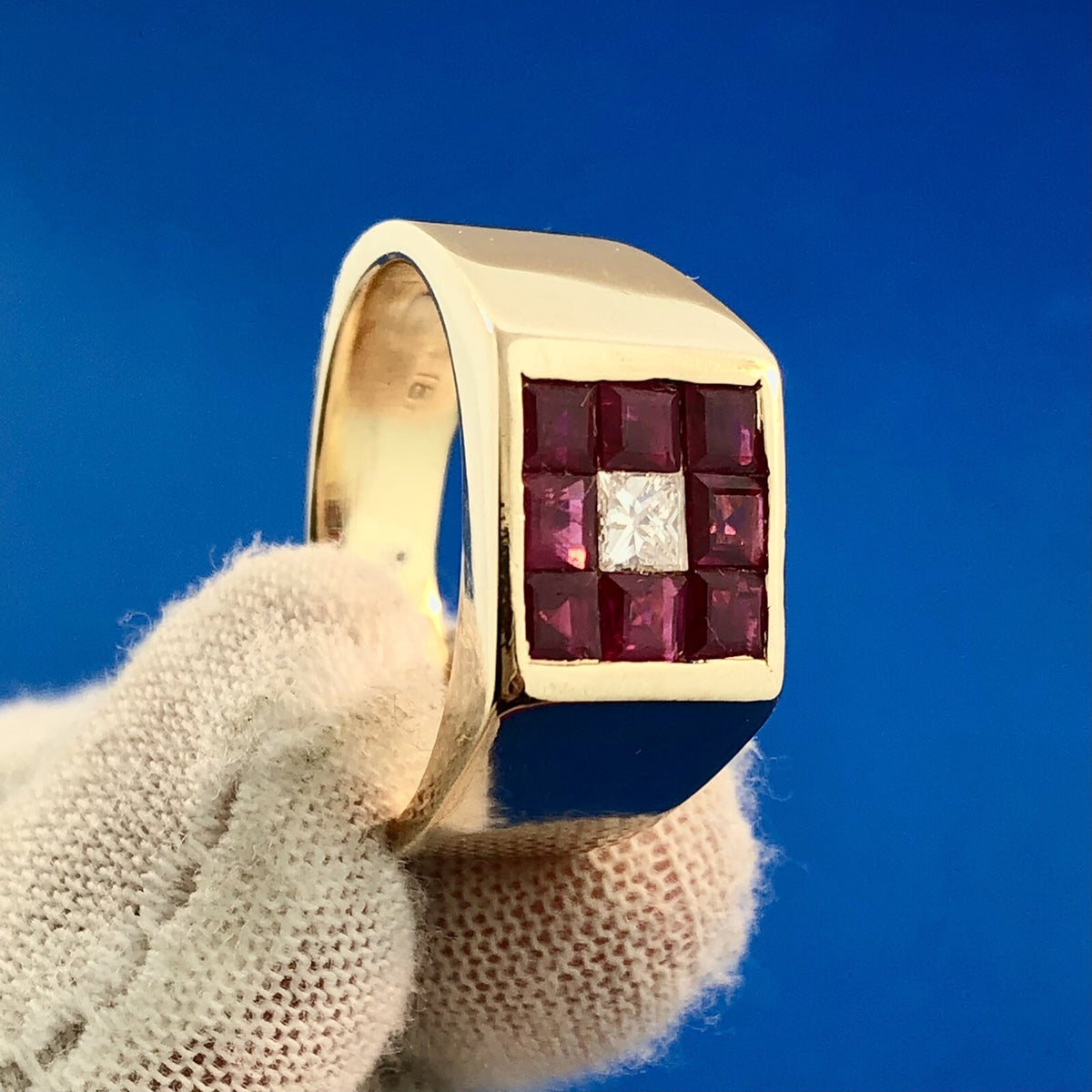 Retro 18K Yellow Gold Diamond Ruby Halo Channel Set Square Dome Unisex Ring
