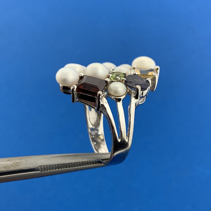 Designer Sterling Silver Mixed Gemstone Pearl Statement Modernist Cocktail Ring
