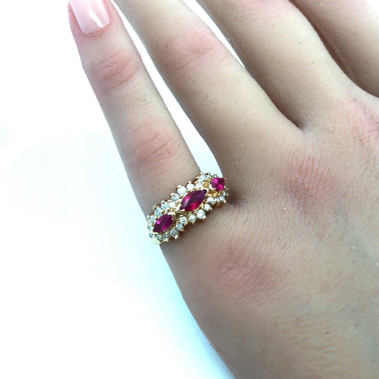 14K Yellow Gold Ruby Diamond Band Cluster July Anniversary Bridal Cocktail Ring