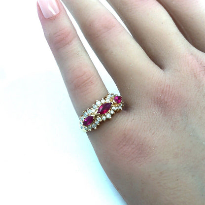 14K Yellow Gold Ruby Diamond Band Cluster July Anniversary Bridal Cocktail Ring