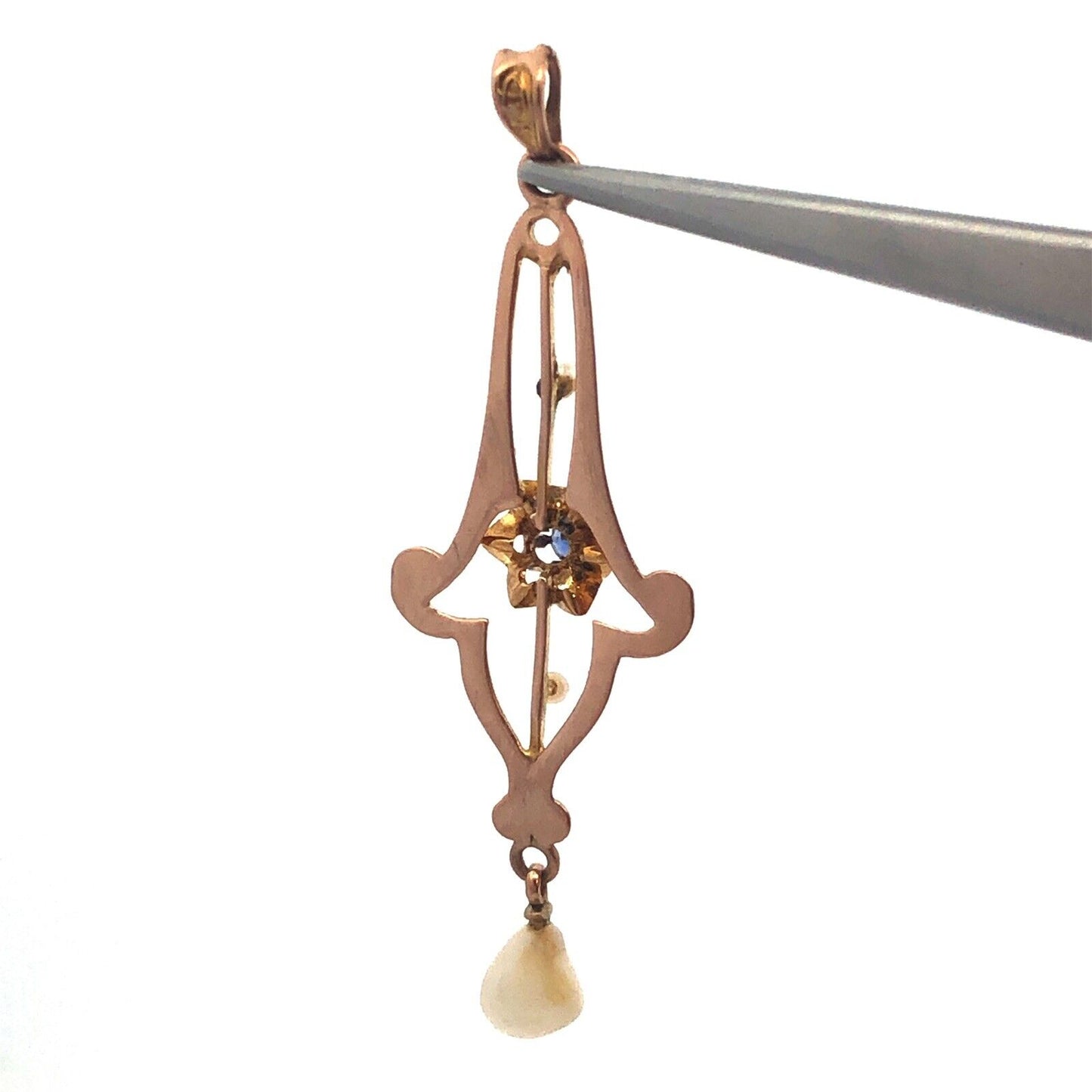 Art Nouveau 10K Yellow Gold Blue Glass Seed Pearl Drop Dangle Pendant
