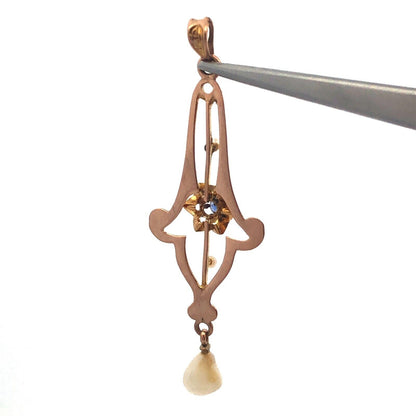 Art Nouveau 10K Yellow Gold Blue Glass Seed Pearl Drop Dangle Pendant