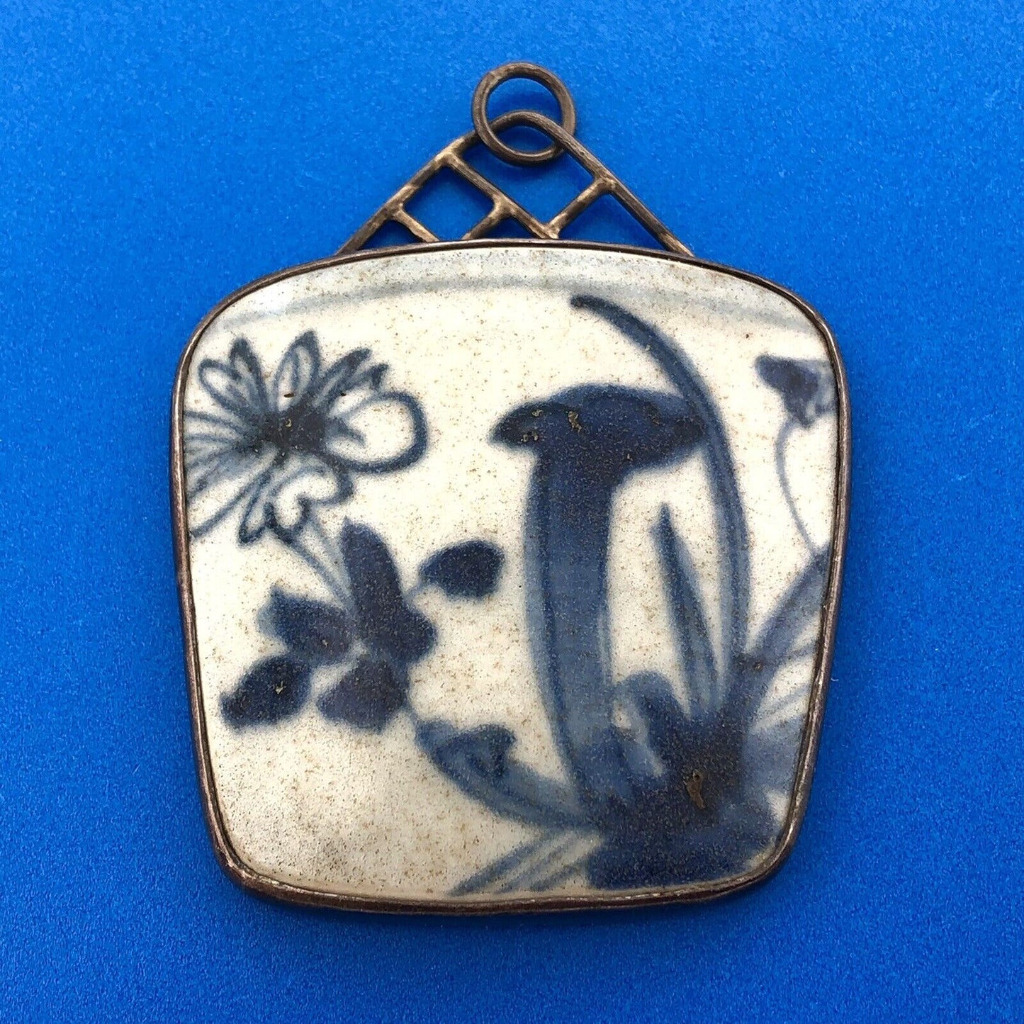 Vintage Artisan Signed 925 Sterling Silver Blue White Pottery Statement Pendant