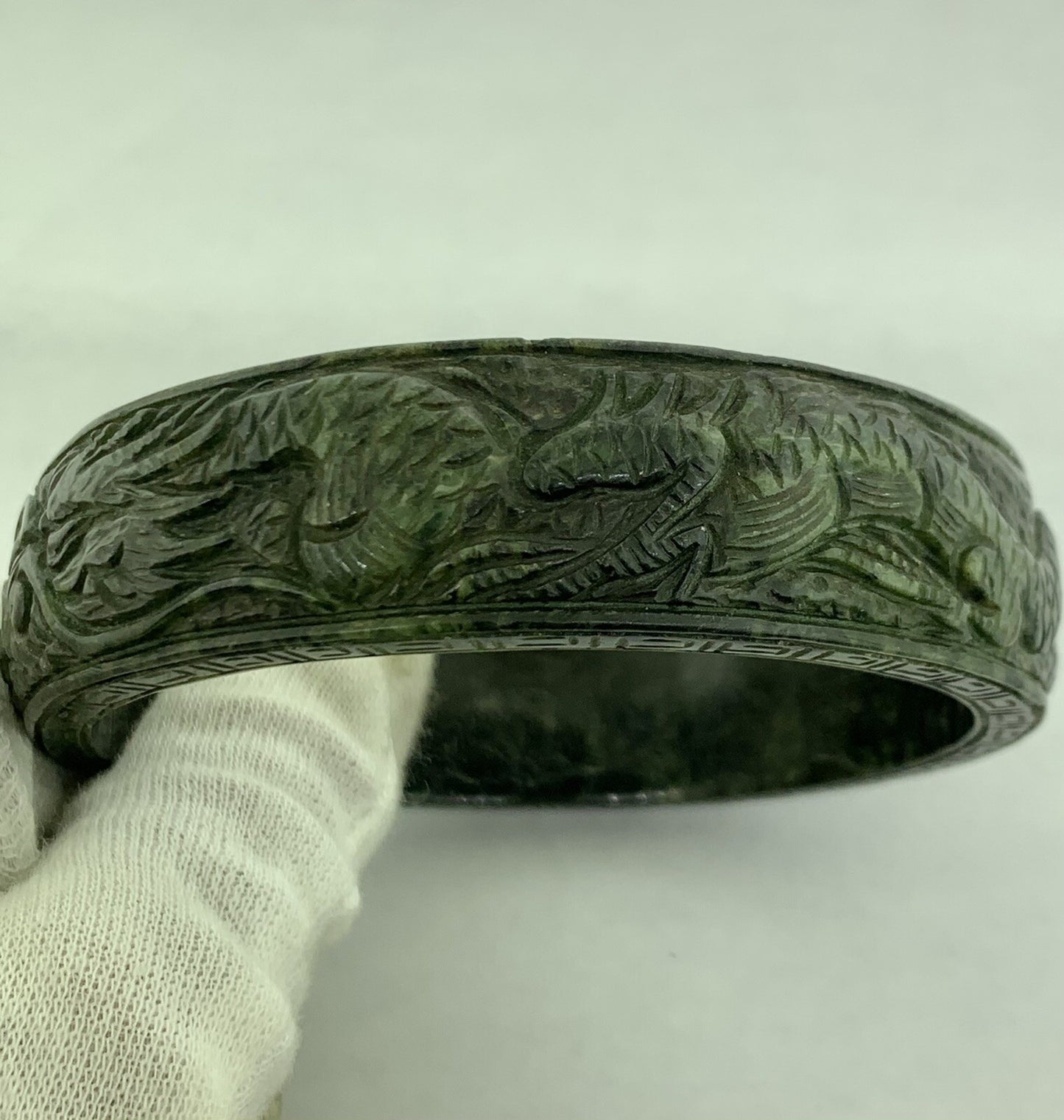 Vintage Carved Burmese Jade Dueling Dragon Fire Bird Statement Bracelet
