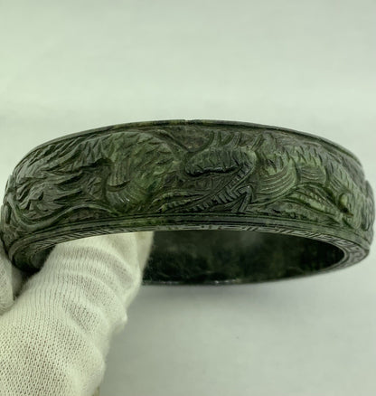 Vintage Carved Burmese Jade Dueling Dragon Fire Bird Statement Bracelet