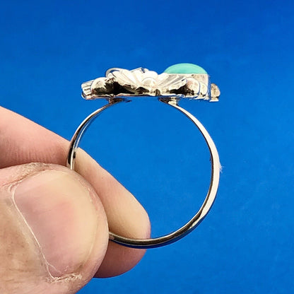 Native American Artisan Signed DG 925 Sterling Silver Turquoise Feather Ring