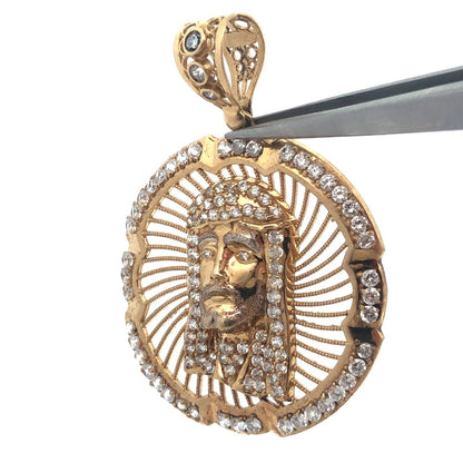 10K Yellow Gold Cubic Zirconia Christ Head Jesus Religious Statement Pendant