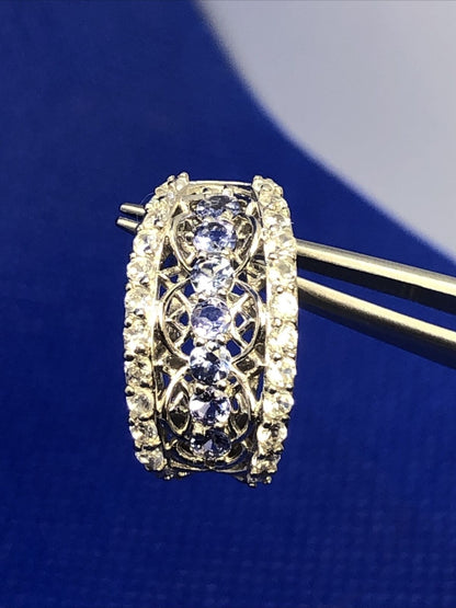 Designer 925 Sterling Silver Tanzanite & White Topaz Shrimp Style Stud Earrings