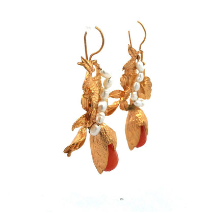Estate Gold Tone Peach Quartz Rice Pearl Leaf & Vine Statement Drop Earrings