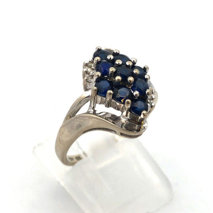 Designer 10K White Gold Round Sapphire Cluster W/Diamond Accents Cocktail Ring