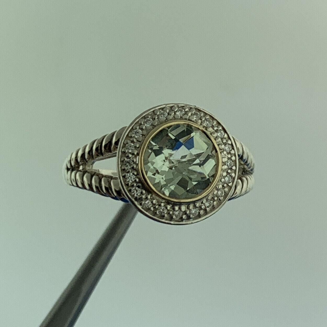 Designer ATR 925 Sterling Silver 14K Green Amethyst Praisolite Diamond Halo Ring