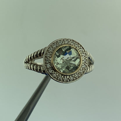 Designer ATR 925 Sterling Silver 14K Green Amethyst Praisolite Diamond Halo Ring