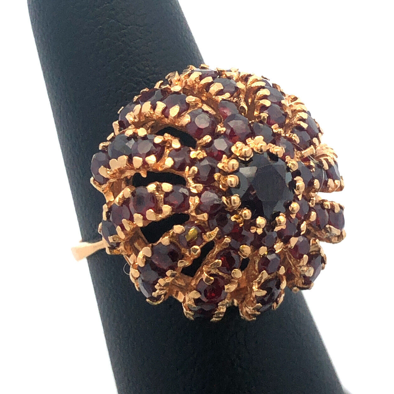 Designer 18K Yellow Gold Garnet Sea Urchin Spiral Dome Statement Cocktail Ring