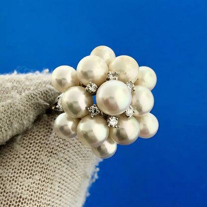 Gorgeous 14k White Gold Round Diamond White Pearl Cluster Statement Ring Size 4