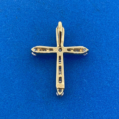 Designer 14K Yellow Gold Round And Baguette Diamond Cross Pendant
