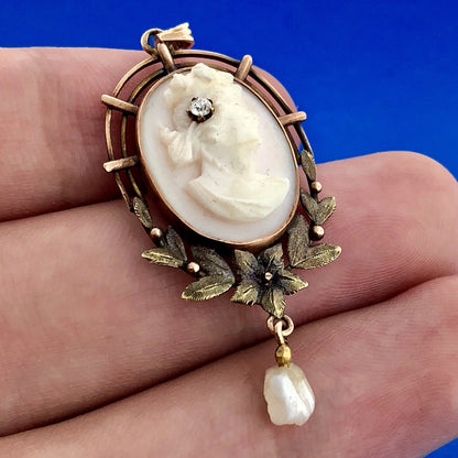 Victorian 10K Rose/Yellow Gold Pink Cameo Pearl Diamond Lavaliere Brooch Pendant