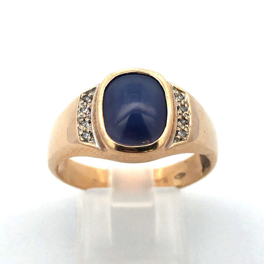 Vintage 10K Yellow Gold Blue Star Sapphire Diamond Unisex Statement Ring