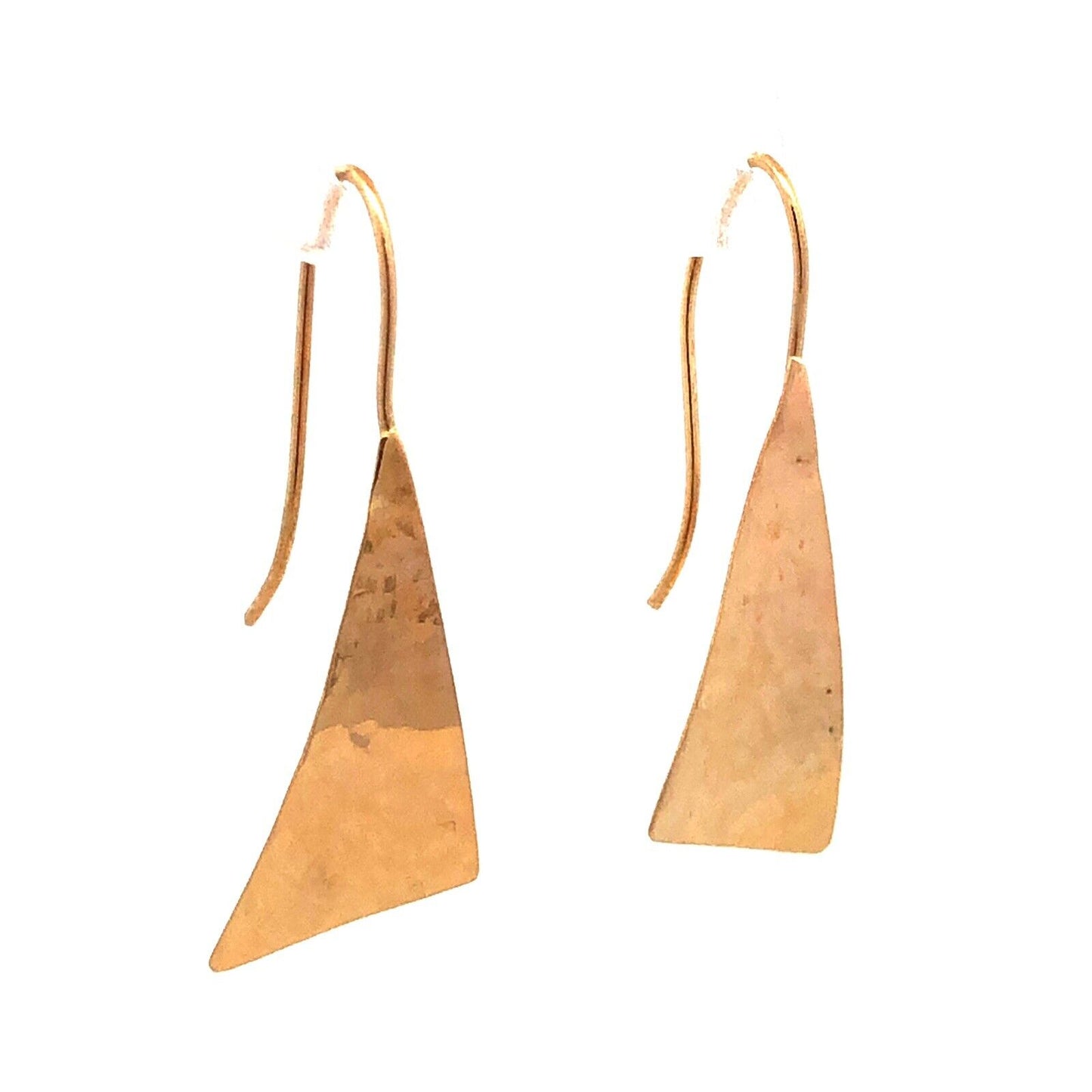 14K Yellow Gold Hammered Textured Modernist Triangle Dangle Earrings