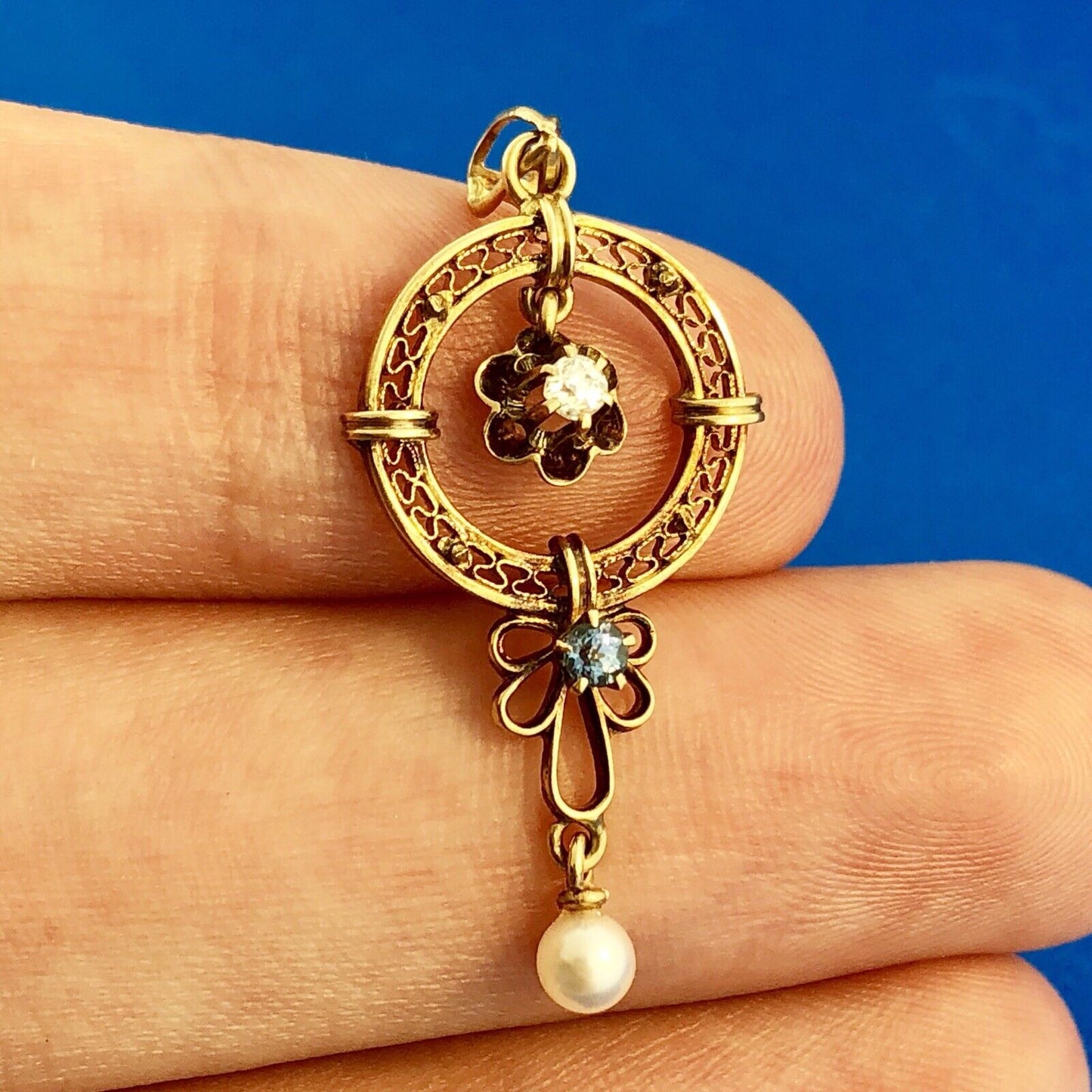 Art Nouveau 10K Yellow Gold Diamond Blue Topaz Pearl Drop Dangle Pendant