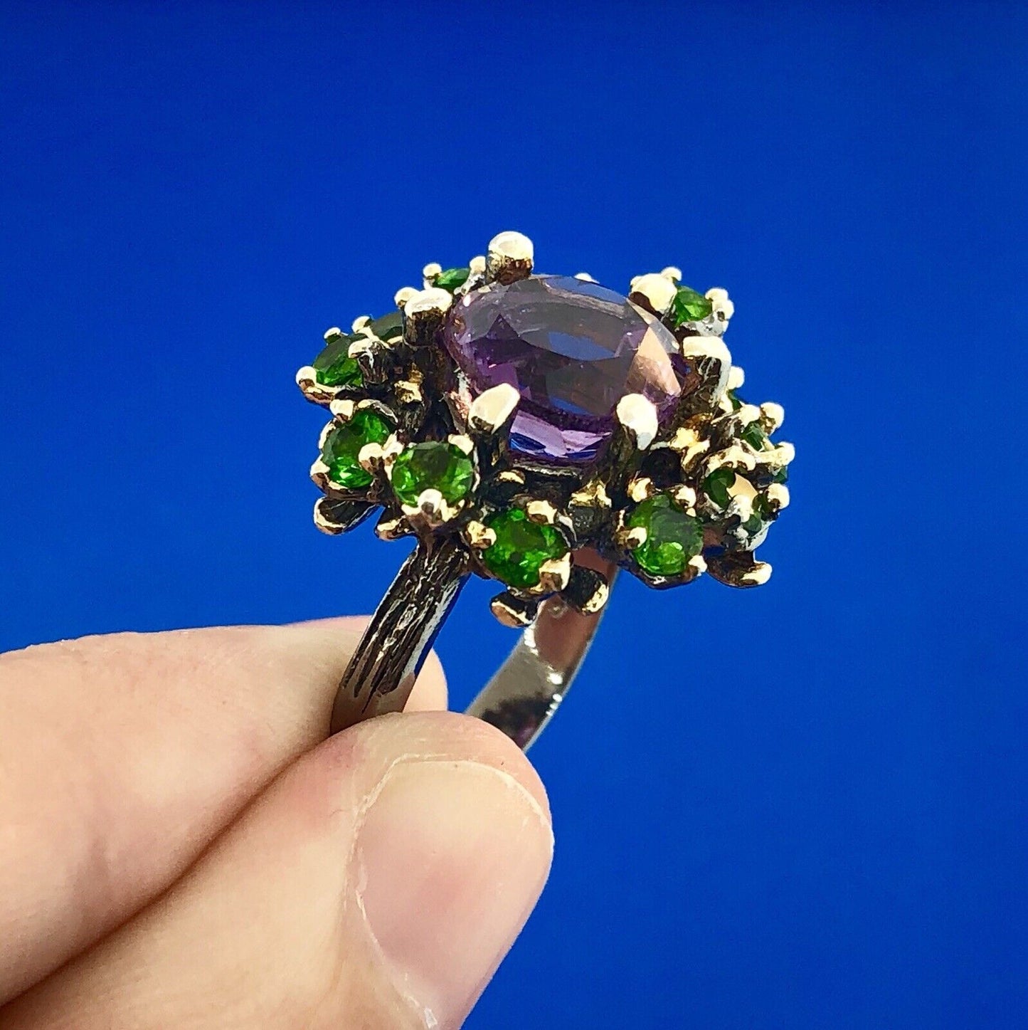 Fabulous 925 Sterling Silver Amethyst Solitaire Green Garnet Halo Cluster Ring