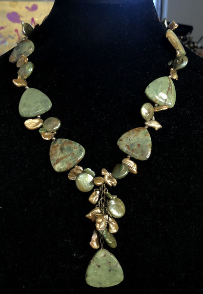 Vintage 925 Sterling Silver Green Jasper Baroque Pearl Necklace Earrings Set