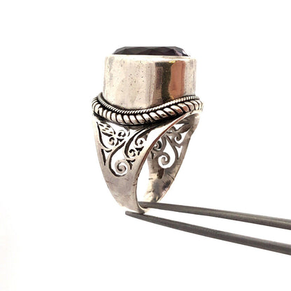 Vintage 925 Sterling Silver Oval Amethyst Floral Scroll Statement Ring