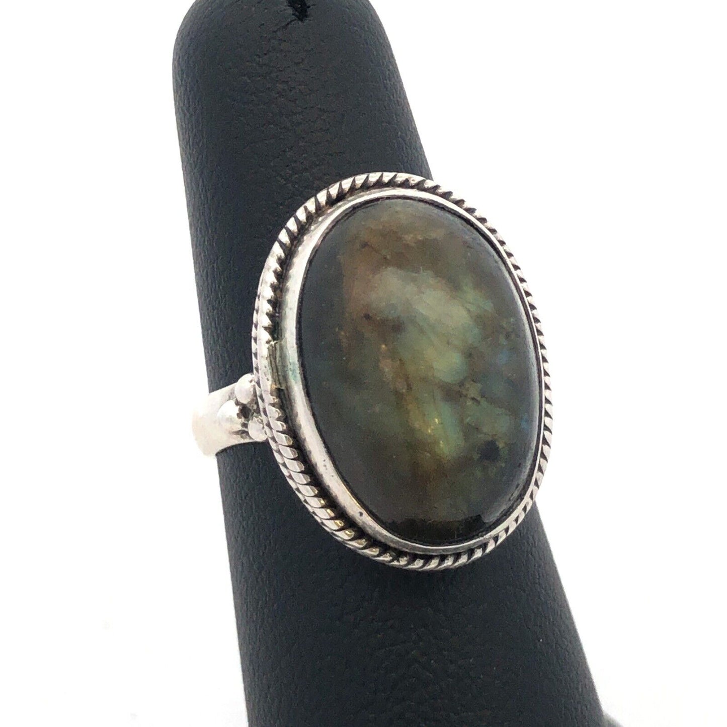 Vintage 925 Sterling Silver Oval Green Labradorite Cabochon Statement Ring