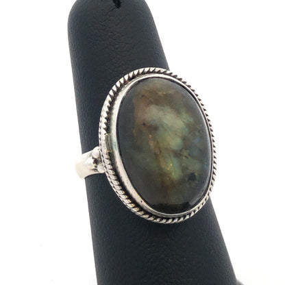 Vintage 925 Sterling Silver Oval Green Labradorite Cabochon Statement Ring