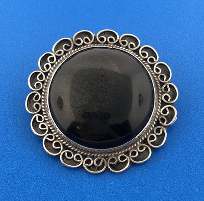 Vintage Taxco JV Sterling Silver 925 Gold Sheen Obsidian Statement Pin Pendant
