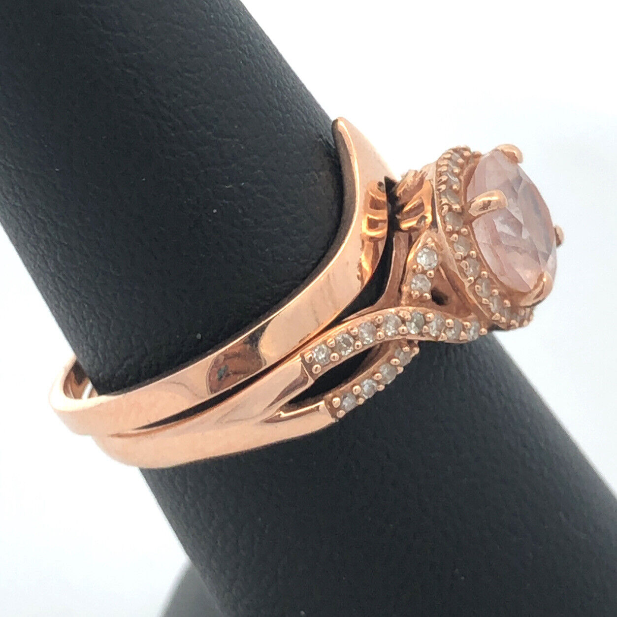 Designer 10K 14K Rose Gold Round Morganite Diamond Halo Engagement Ring Band Set