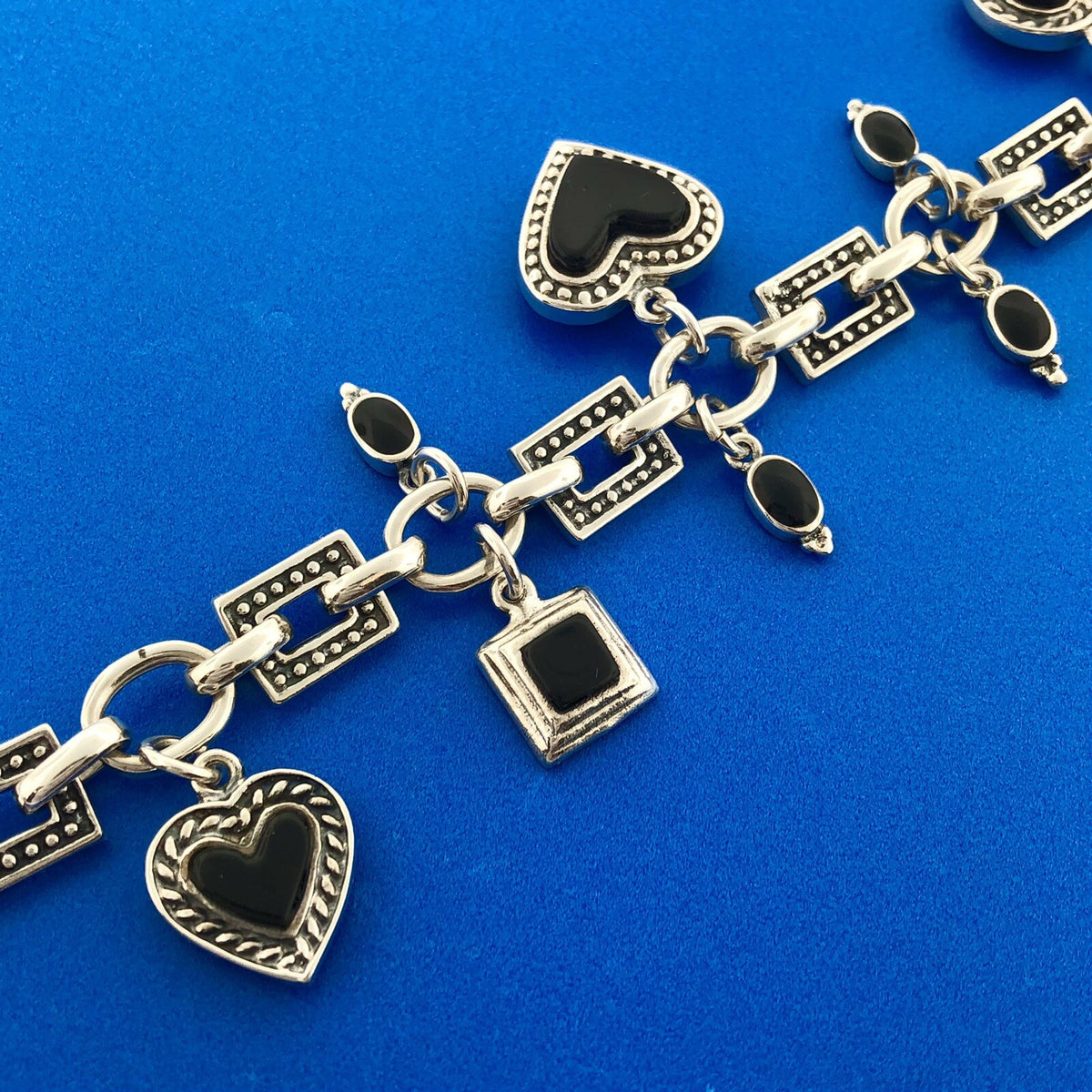 Vintage Mexico 925 Sterling Silver Black Onyx Heart Cross Toggle Charm Bracelet