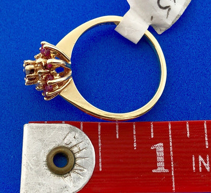 Designer 14K Yellow Gold Ruby Diamond 3 Tier Cluster Engagement Cocktail Ring