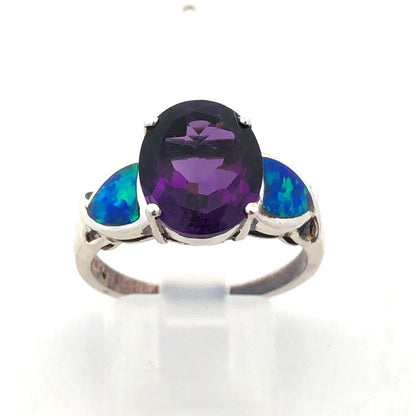 Designer 925 Sterling Silver Oval Amethyst Opal Doublet Accented Statement Ring