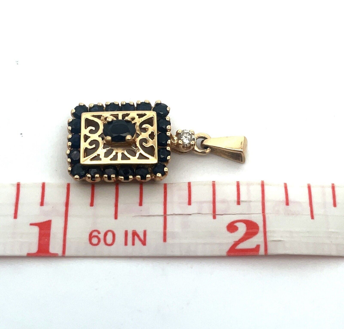 Designer 14K Yellow Gold Oval Blue Sapphire Diamond Accent Filigree Pendant