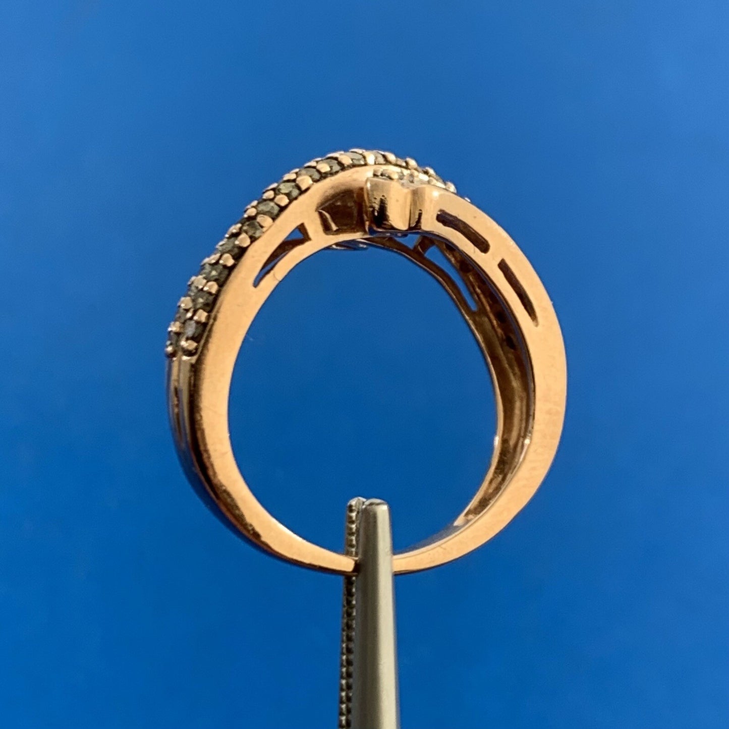 Designer 10K Rose Gold White & Mocha Round Diamond Bypass Cocktail Band Ring