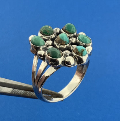 Stunning Sterling Silver 925 Green & Blue Turquoise Cluster Dome Ring Size 8