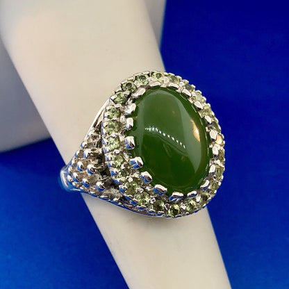 Retro 925 Sterling Silver Jade Jadeite Diamond Empire Statement Cocktail Ring